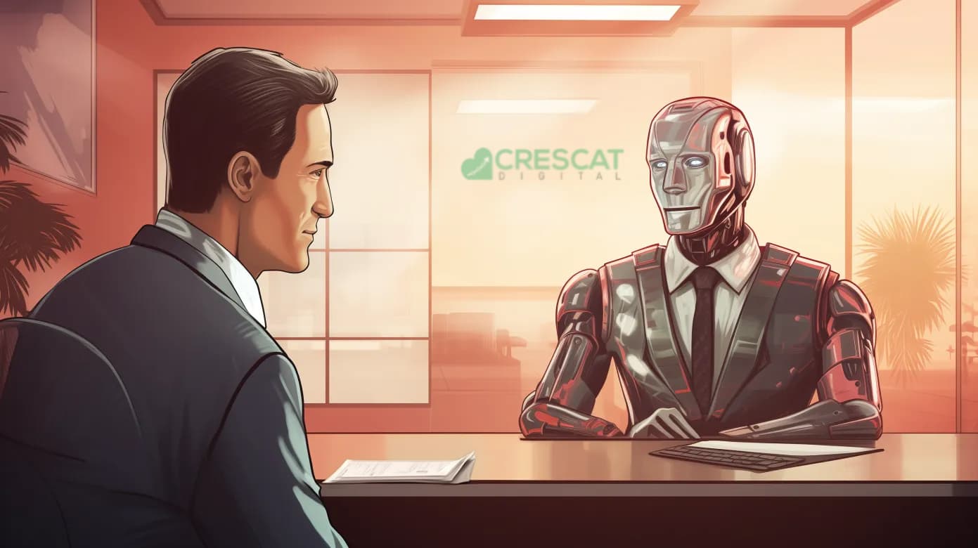 Man interviewing ai robot in Crescat offices