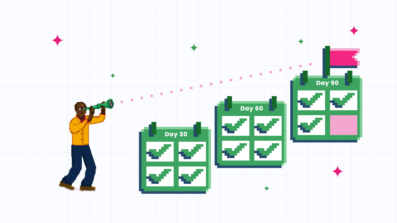 Pixel-art illustration of a man with a telescope eyeing the day-90 decision flag atop three ticked calendar pages of a law firm SEO pilot.