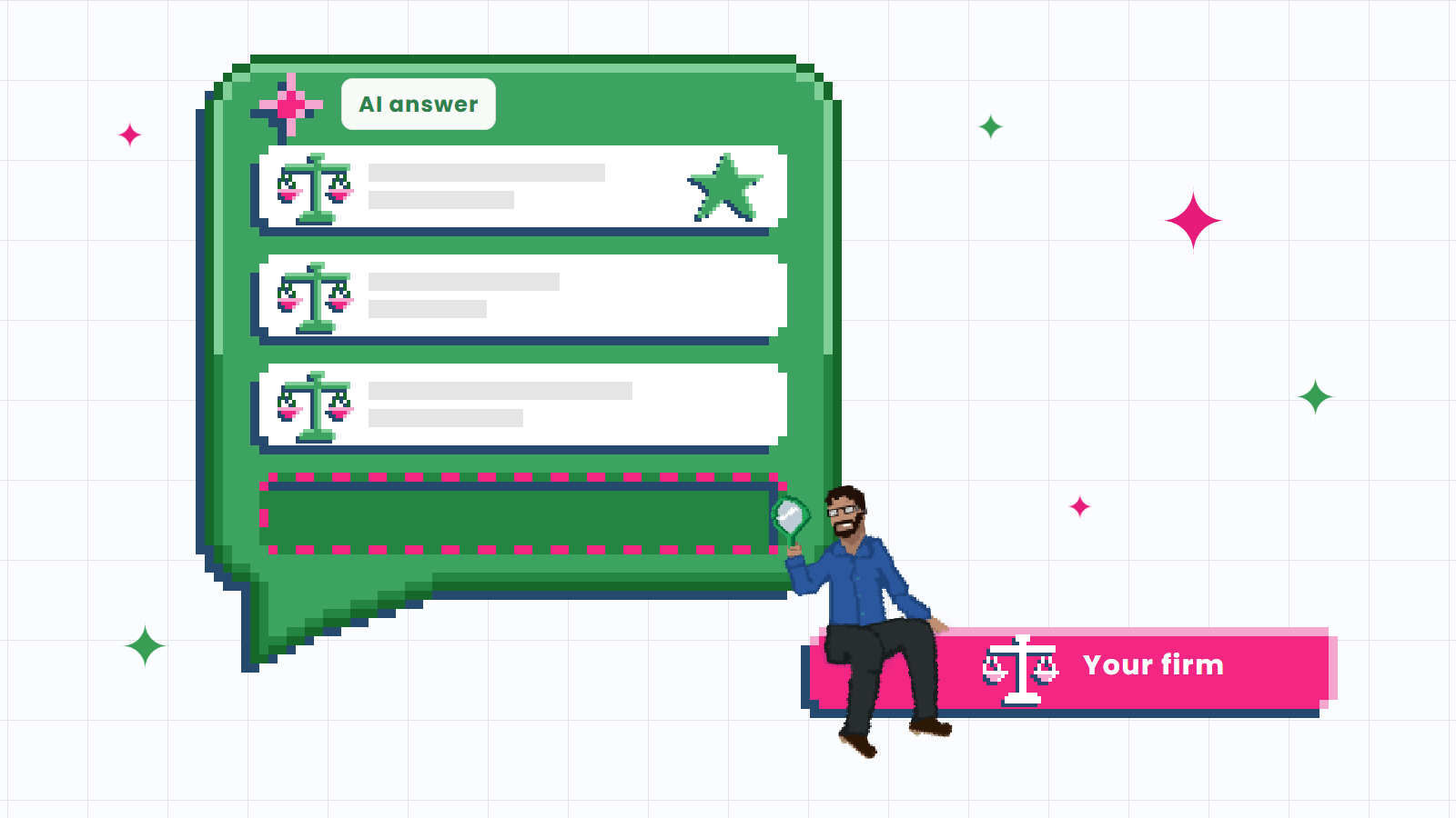 Pixel-art illustration of an AI answer naming three law firms with an empty slot, as a man sitting on 'Your firm' inspects the gap.