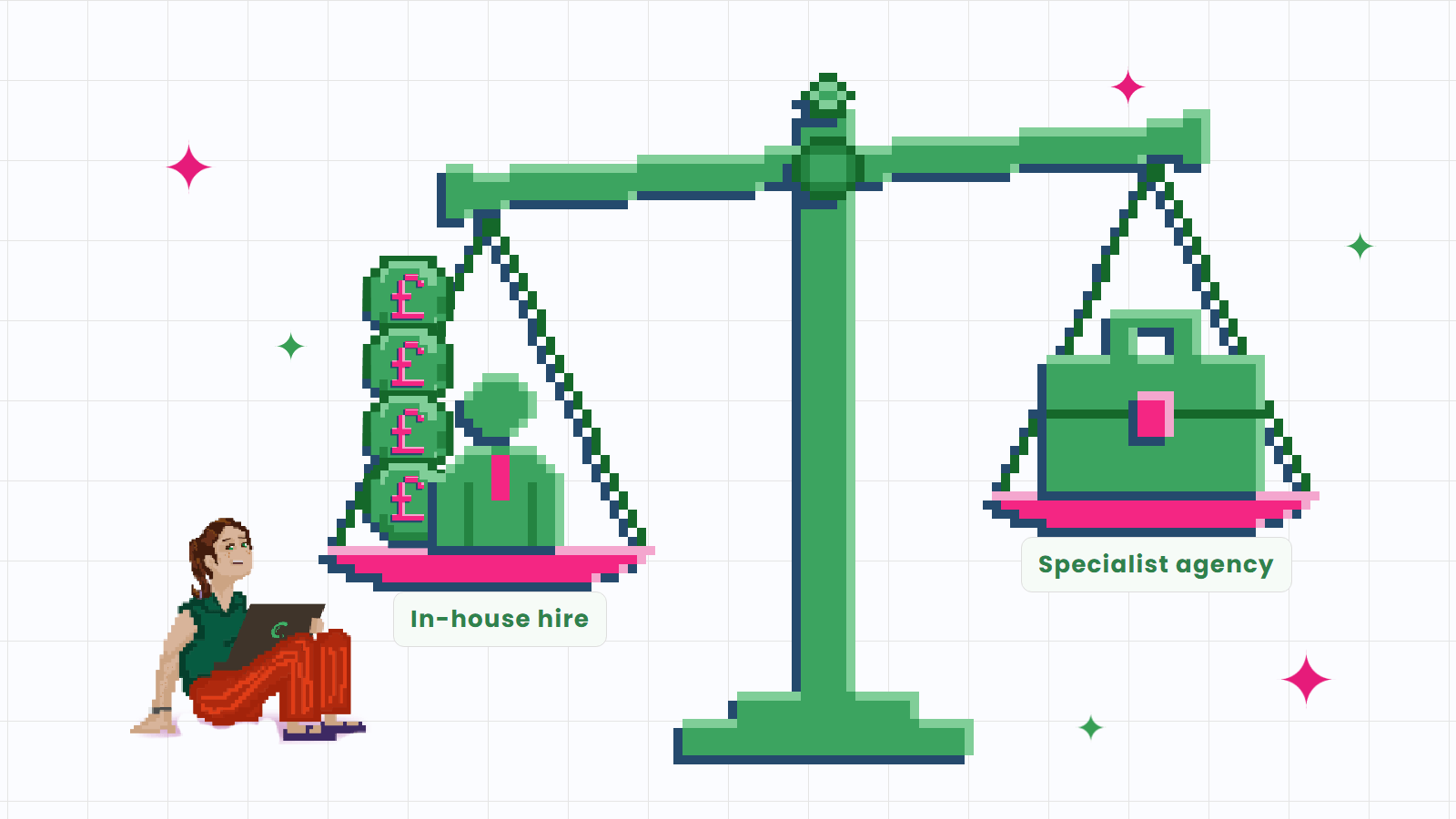 Pixel-art illustration of scales where an in-house SEO hire and its pound-coin costs outweigh a specialist agency, as a woman does the sums.
