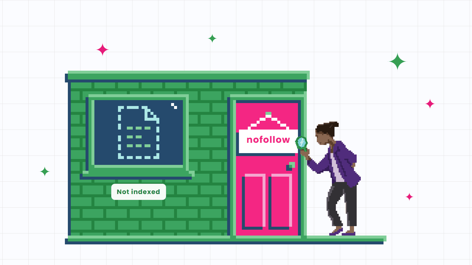 Pixel-art illustration of a pink door with a nofollow sign shutting out an unindexed page, inspected by a woman with a magnifier.