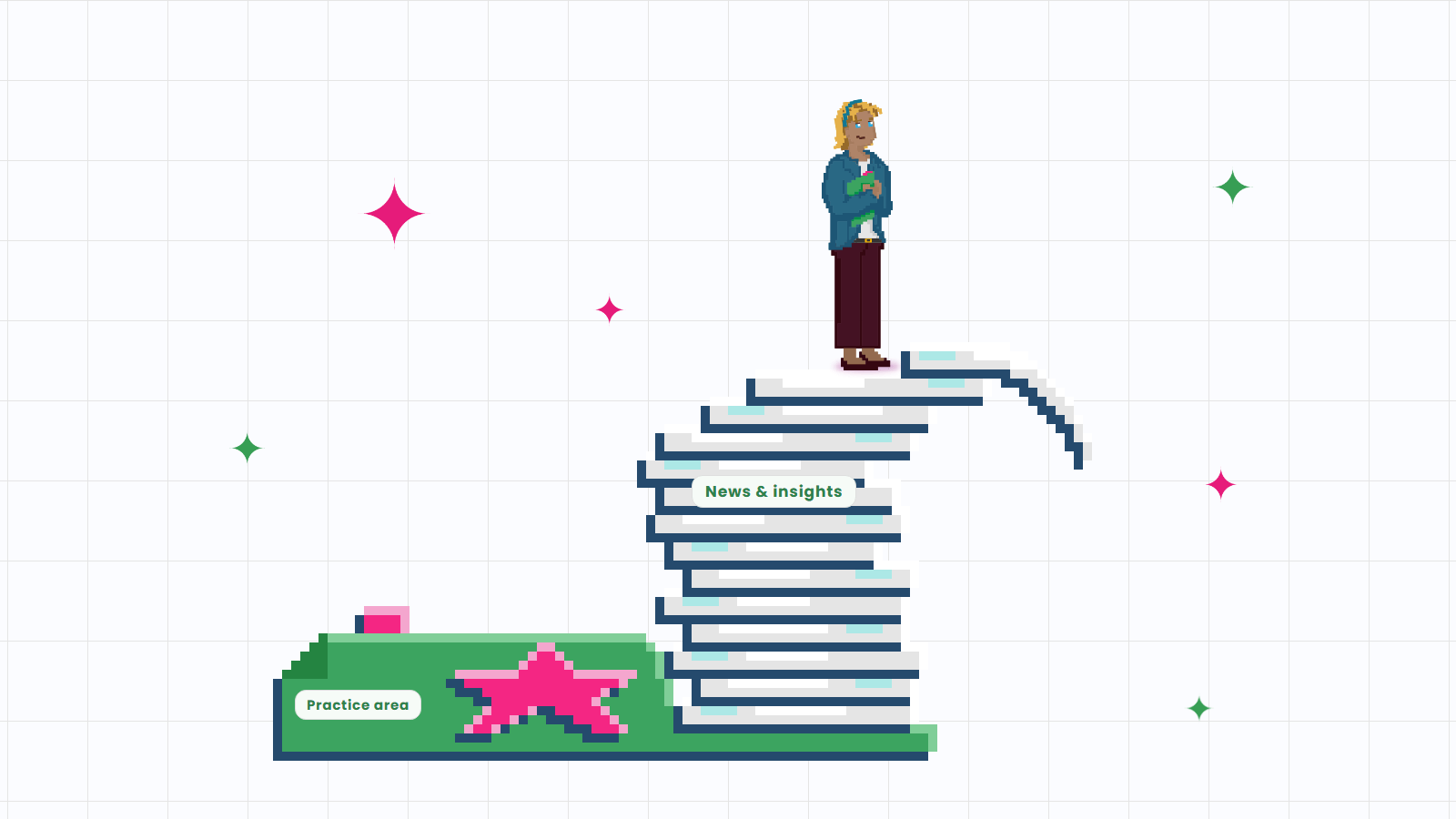 Pixel-art illustration of a teetering tower of thin news pages crushing a starred practice-area page, with a woman balancing on top.