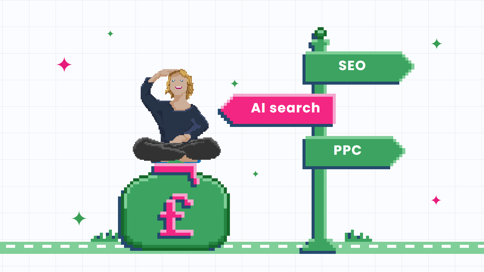 Pixel-art illustration of a woman on a money sack, deciding which way to go at a signpost for SEO, PPC and AI search.