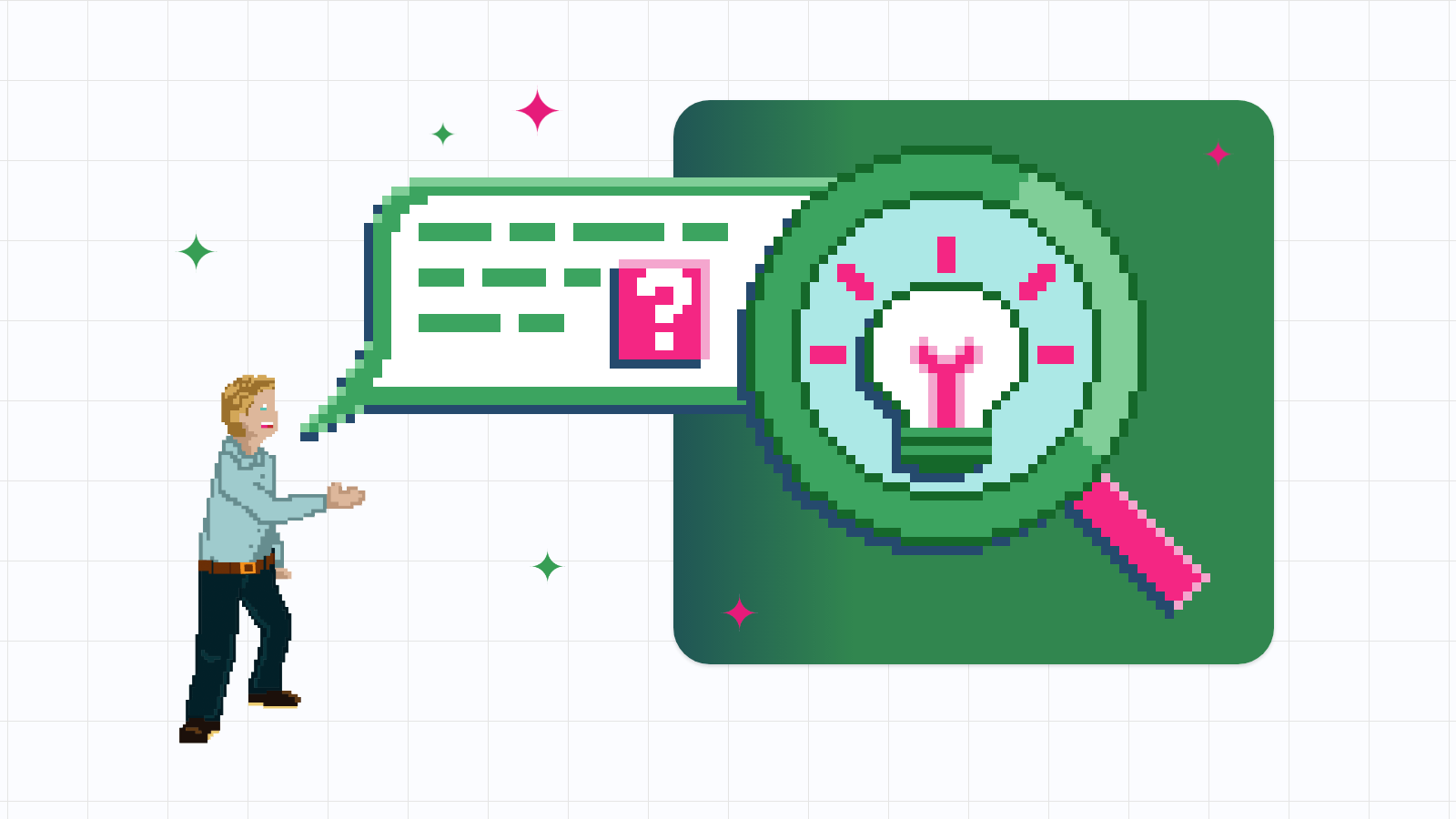 Pixel-art illustration of a man's spoken question sliding into a search magnifier, where a light bulb switches on to show NLP understanding meaning.