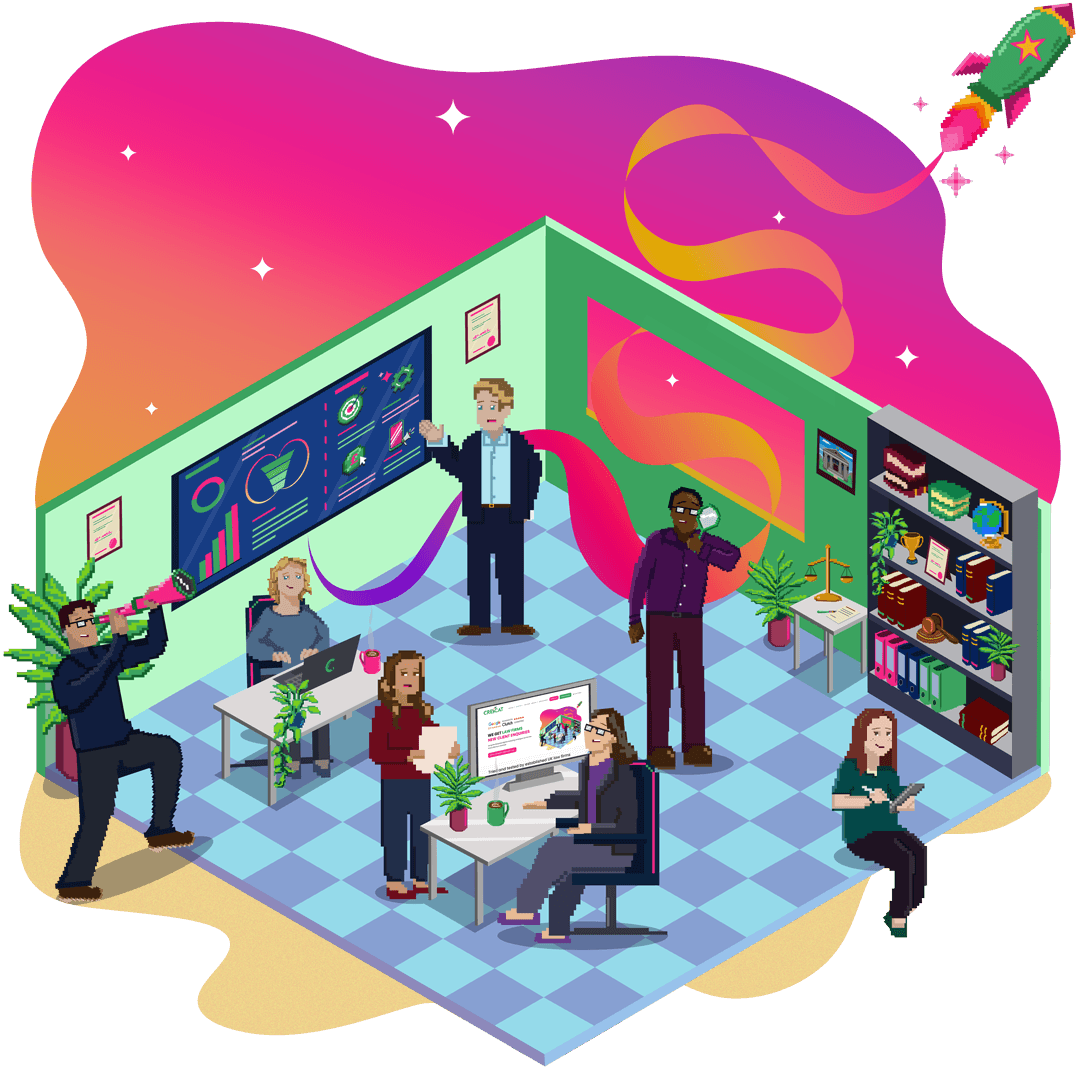 Pixel-art illustration of the Crescat office, with a rocket flying overhead