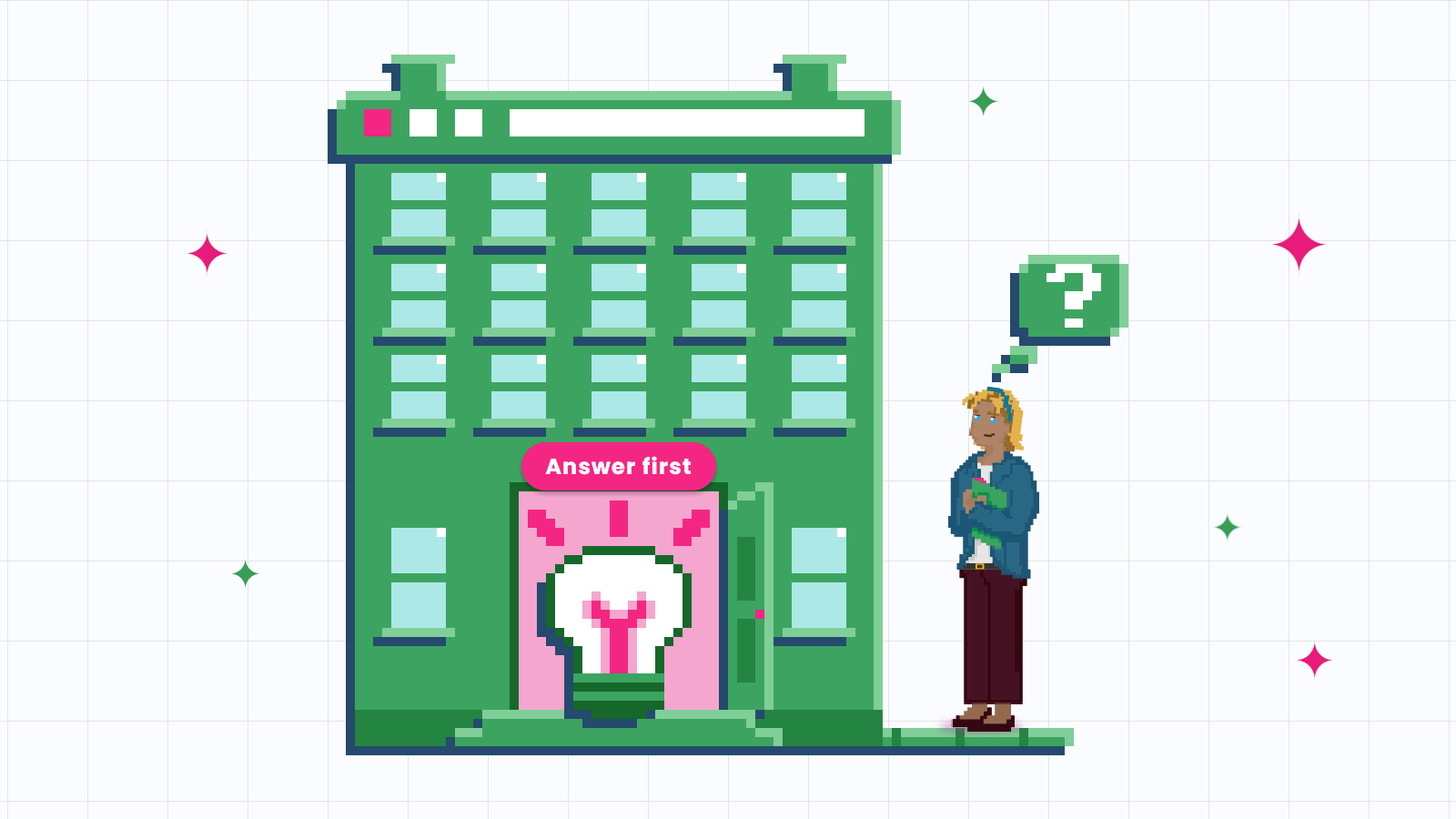 Pixel-art illustration of a website drawn as a townhouse, the answer lit at its open front door, as a legal buyer with a question arrives.