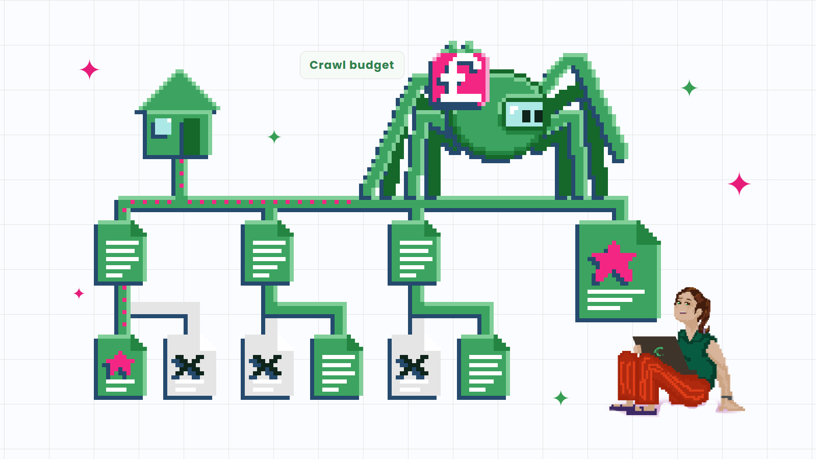 Pixel-art illustration of a spider crawler carrying a pound coin purse along a site map to a starred key page, watched by a woman on her laptop.