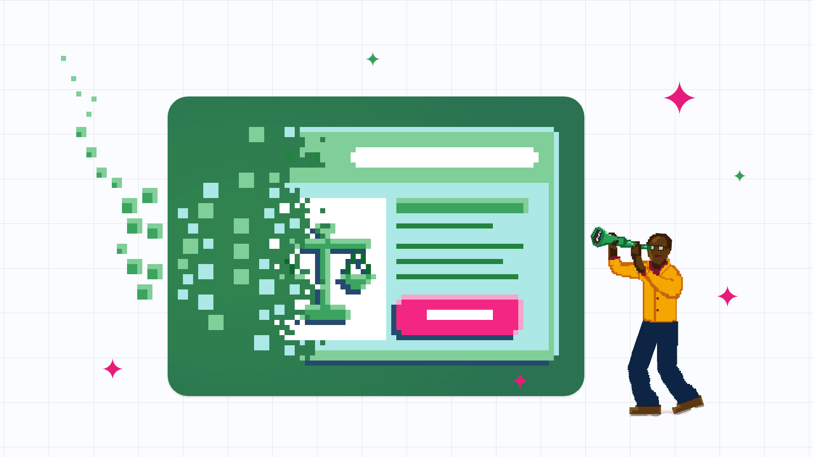 Pixel-art illustration of a man looking through a telescope at a law firm website whose far side is breaking into pixels and blowing away.