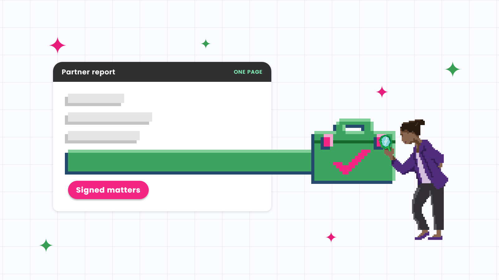 Pixel-art illustration of a partner inspecting a one-page report where one long green bar for signed matters ends in a briefcase, beside short grey traffic bars.