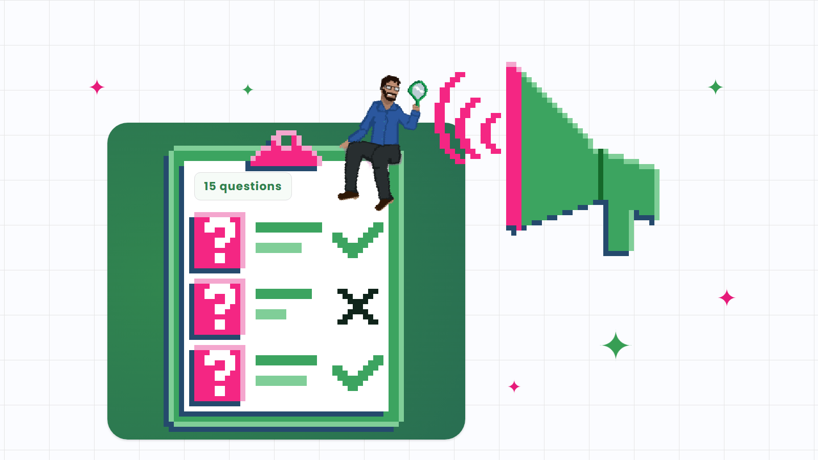 Pixel-art illustration of a man on a clipboard of questions holding his magnifier to a blaring megaphone, separating agency sales hype from substance.