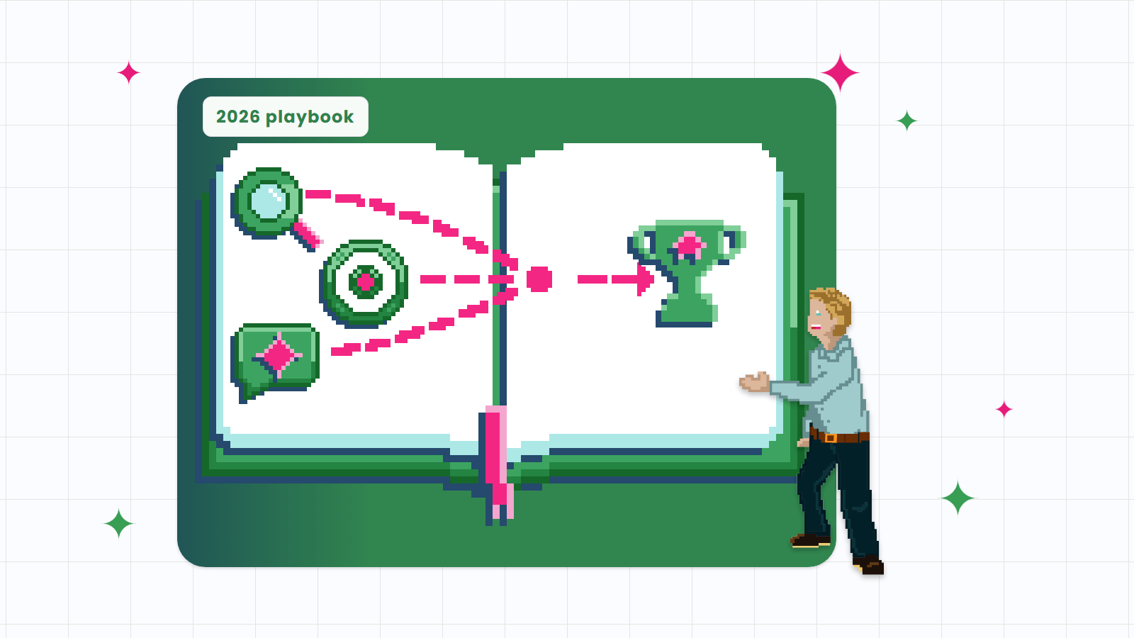 Pixel-art illustration of a man presenting a 2026 playbook where SEO, paid search and AI routes merge into one arrow toward a trophy.