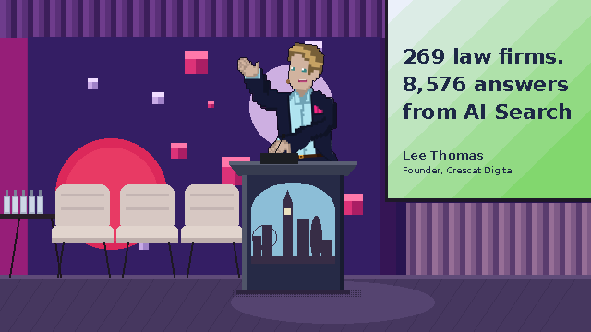 Pixel-art illustration of Lee Thomas at the lectern on the London Law Expo 2026 Operations Stage, beside a slide reading 269 law firms, 8,576 answers from AI Search